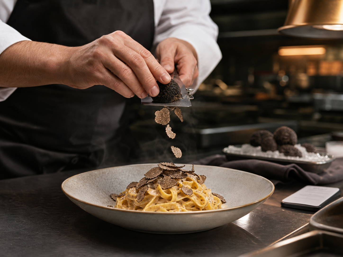 Chef shaving fresh truffle over pasta for a Tuber House Trade order