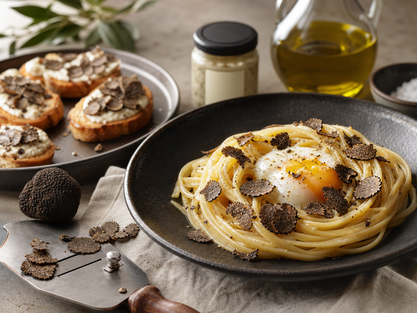 Tuber House truffle recipes with pasta, eggs, crostini, and fresh truffle shavings