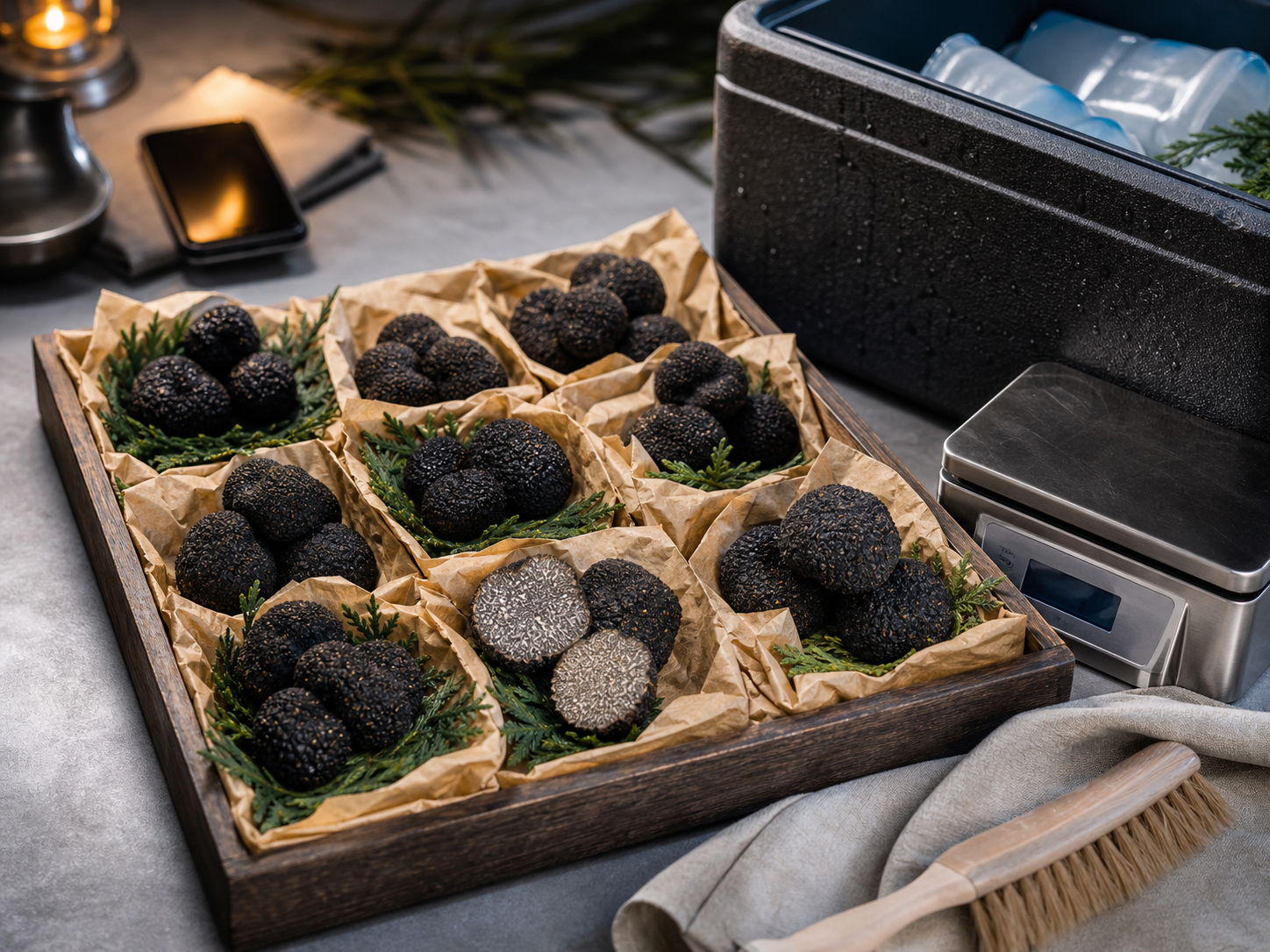 Thursday Truffle Harvest lot tray with fresh truffles, scale, and cooler